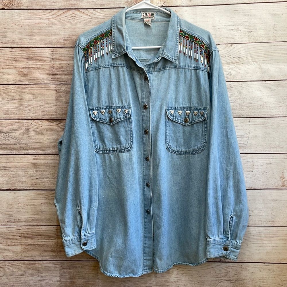 VINTAGE STEFANO INTERNATIONAL DENIM SHIRT WITH BEADED FRINGE‎